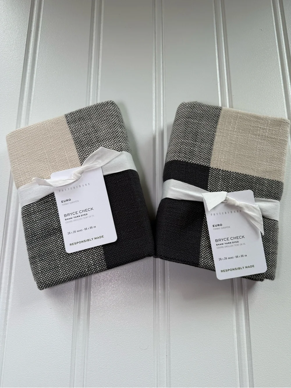 Pottery Barn Bryce Buffalo Check Euro Shams Charcoal/Ivory Set Of 2 NEW 3000